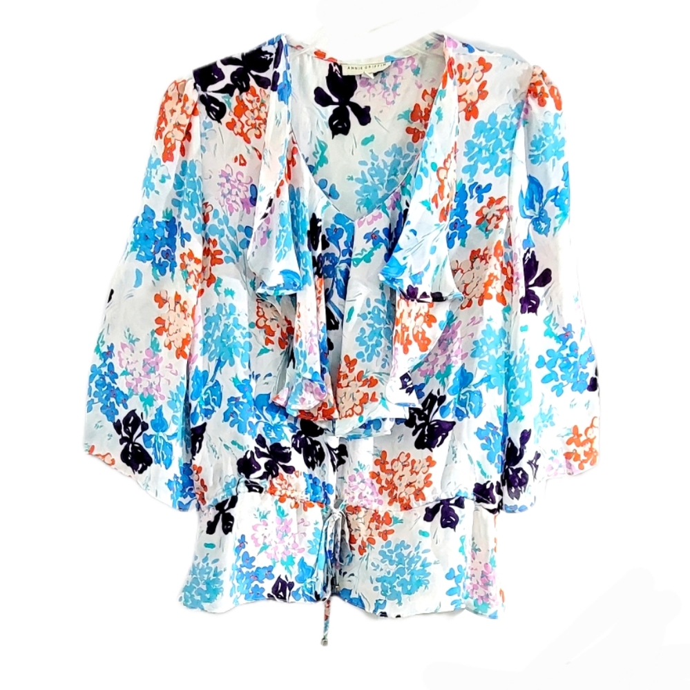 Annie Griffin Ruffle Floral Print‎ Drawstring Waist Pop Over Blouse Size S